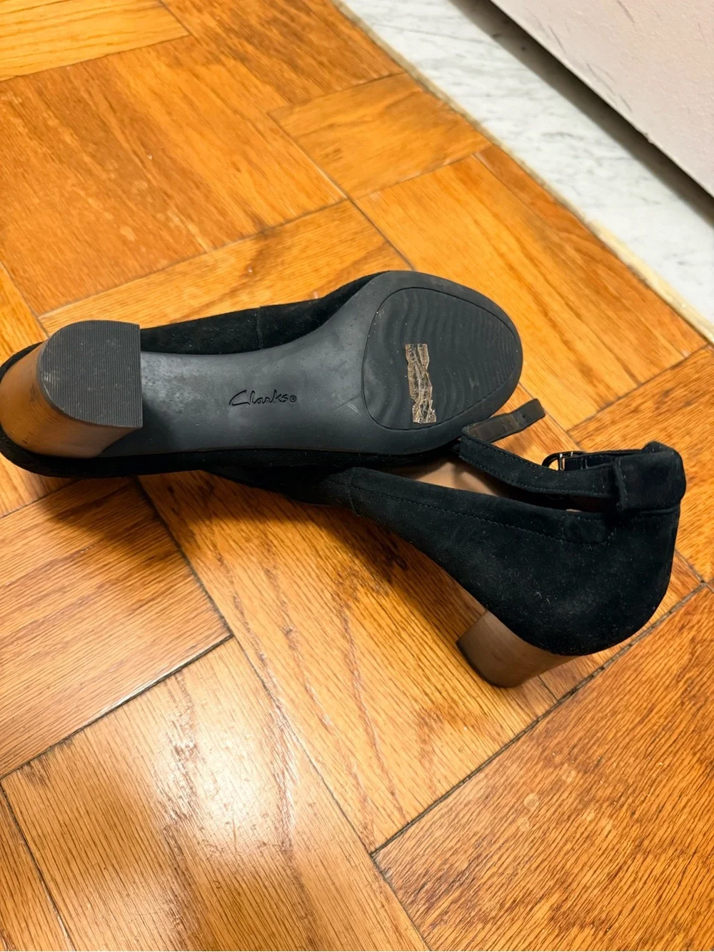 Clarks Black Suede Block Heel Pumps